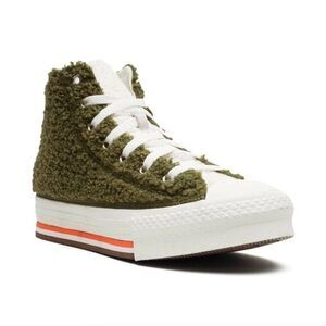 Converse Y4.5/W6.5 Sherpa EVA Platform High Top Sneakers Dark Moss Bold Mandarin